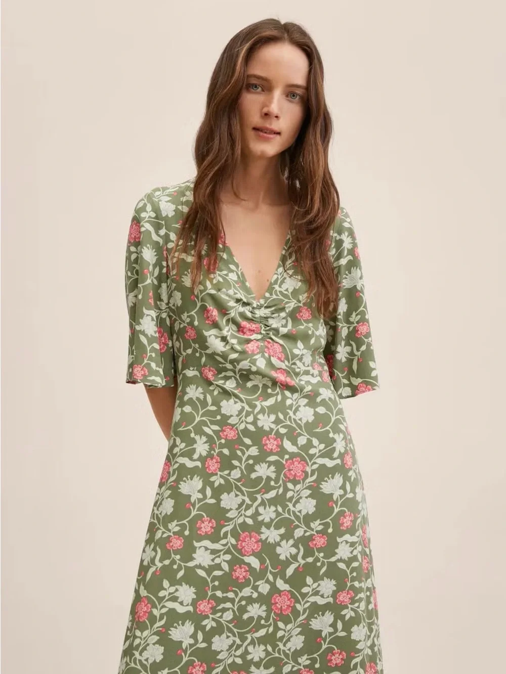 Mango Green Floral Euro Summer Midi Dress Size 4 - Picture 2 of 10